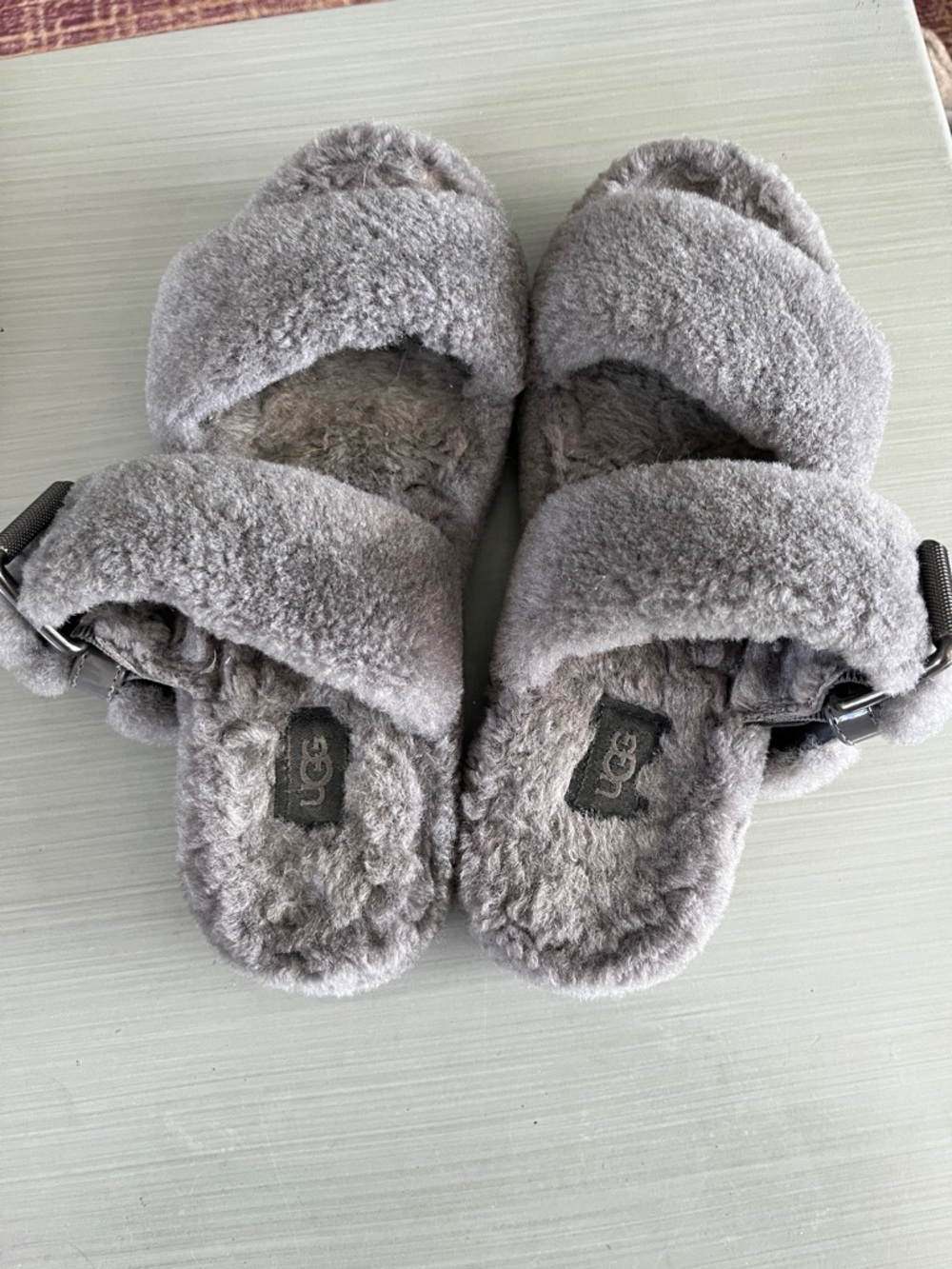 UGG Heck Yeah Plush Grey Shearling Slide Sandals with Buckle
